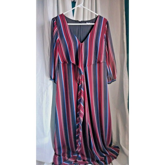 Madewell Maxi Dress Womens 8 Wraparound Black Red Blue Stripe V Neck 3/4 Sleeve - Picture 2 of 10